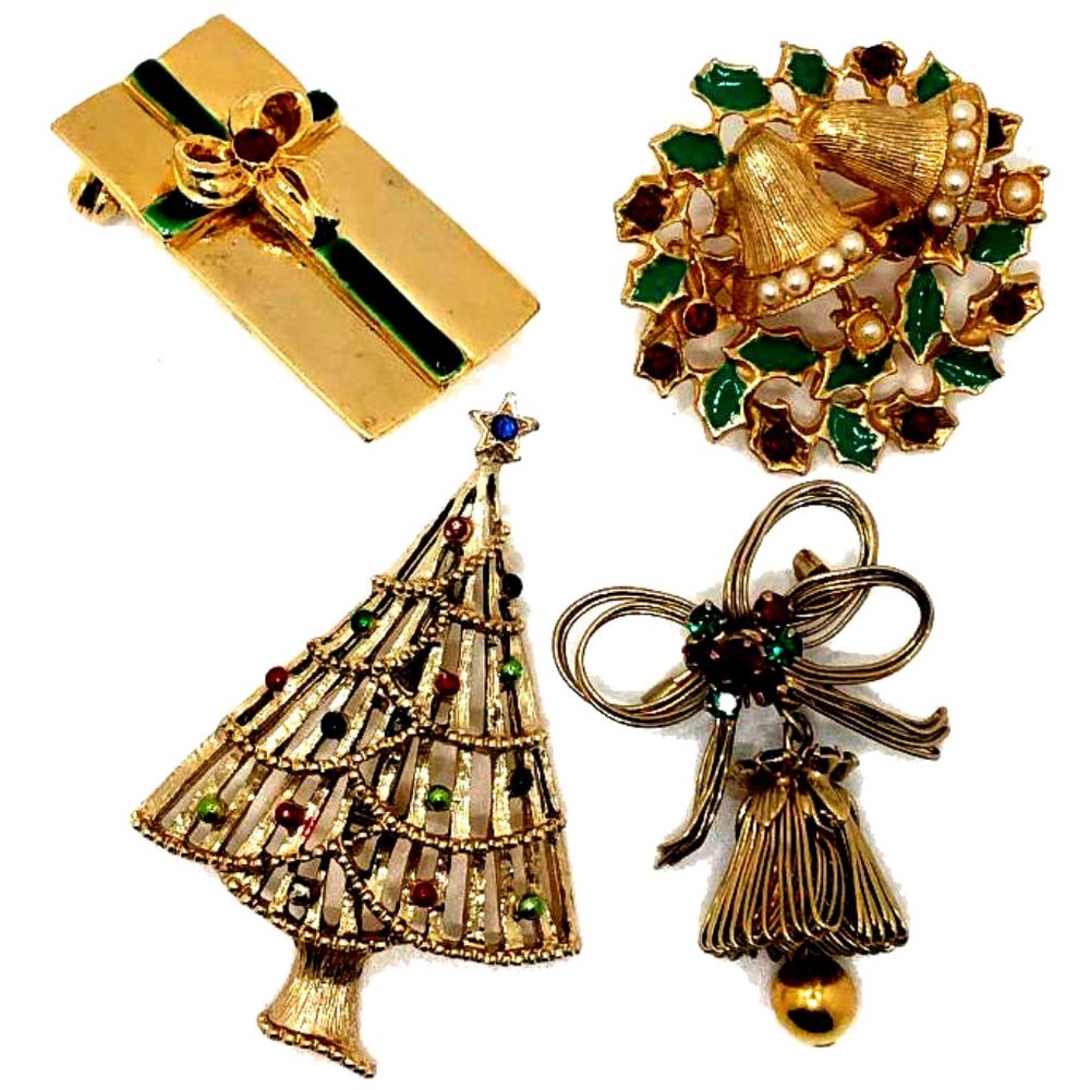 Four Christmas Brooches -  Bow, Christmas Tree, Bell, Wreath
